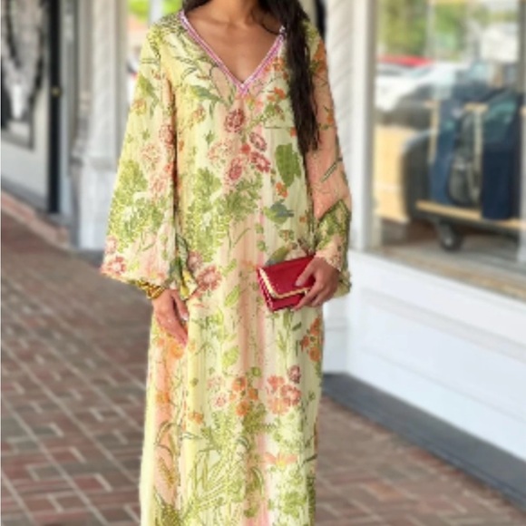 JUST BELLINA Julee Chinoiserie Bird Metallic  KAFTAN DRESS Sunkist New - Picture 9 of 9